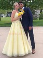 Ball Gown/Princess Sweep Train Scoop Neck Tulle Appliques Lace Prom Dresses