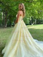 Ball Gown/Princess Sweep Train Scoop Neck Tulle Appliques Lace Prom Dresses