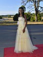 Ball Gown/Princess Sweep Train Scoop Neck Tulle Appliques Lace Prom Dresses