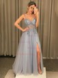 Ball Gown V-neck Tulle Prom Dresses With Beading