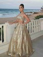 Ball Gown Straight Sequined Sweep Train Pockets Prom Dresses
