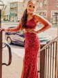 Sheath/Column V-neck Sparkly Sequin Two Piece Prom Dresses