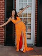 Trumpet/Mermaid V-neck Sequined Sweep Train Prom Dresses With Split Front