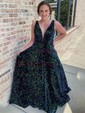 A-line V-neck Sequined Sweep Train Prom Dresses With Pockets