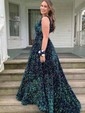 A-line V-neck Sequined Sweep Train Prom Dresses With Pockets