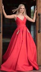 A-line V-neck Satin Sweep Train Prom Dresses With Pockets