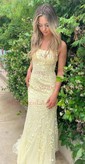 Trumpet/Mermaid Sweep Train Scoop Neck Lace Tulle Appliques Lace Prom Dresses