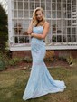 Trumpet/Mermaid Sweep Train Scoop Neck Lace Tulle Appliques Lace Prom Dresses