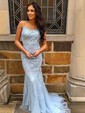 Trumpet/Mermaid Sweep Train Scoop Neck Lace Tulle Appliques Lace Prom Dresses