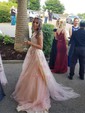 Ball Gown V-neck Tulle Sweep Train Prom Dresses With Sashes / Ribbons