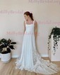 A-line Square Neckline Stretch Crepe Sweep Train Wedding Dresses With Lace