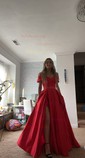 Ball Gown/Princess Sweep Train Off-the-shoulder Satin Split Front Prom Dresses