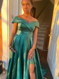 Ball Gown/Princess Sweep Train Off-the-shoulder Satin Split Front Prom Dresses