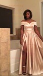 Ball Gown/Princess Sweep Train Off-the-shoulder Satin Split Front Prom Dresses