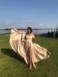 Ball Gown Off-the-shoulder Satin Modest Prom Dresses With Ruched