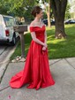 Ball Gown/Princess Sweep Train Off-the-shoulder Satin Split Front Prom Dresses