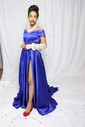 Ball Gown/Princess Sweep Train Off-the-shoulder Satin Split Front Prom Dresses