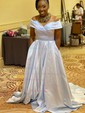 Ball Gown Off-the-shoulder Satin Modest Prom Dresses With Ruched
