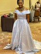 Ball Gown/Princess Sweep Train Off-the-shoulder Satin Split Front Prom Dresses