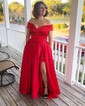 Ball Gown/Princess Sweep Train Off-the-shoulder Satin Split Front Prom Dresses