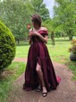 Ball Gown/Princess Sweep Train Off-the-shoulder Satin Split Front Prom Dresses