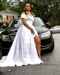 Ball Gown Off-the-shoulder Satin Modest Prom Dresses With Ruched