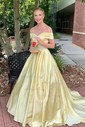 Ball Gown/Princess Sweep Train Off-the-shoulder Satin Split Front Prom Dresses