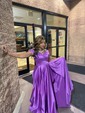 Ball Gown/Princess Sweep Train Off-the-shoulder Satin Split Front Prom Dresses