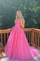 Ball Gown/Princess Sweep Train Scoop Neck Tulle Appliques Lace Prom Dresses