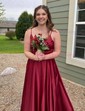 A-line V-neck Satin Prom Dresses With Ruched