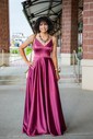 A-line V-neck Silk-like Satin Sweep Train Split Front Prom Dresses