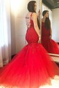 Trumpet/Mermaid Sweep Train Scoop Neck Tulle Appliques Lace Prom Dresses