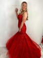 Trumpet/Mermaid Sweep Train Scoop Neck Tulle Appliques Lace Prom Dresses