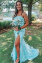 Sheath/Column Strapless Lace Tulle Prom Dresses With Appliques