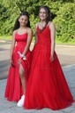 Ball Gown V-neck Tulle Sweep Train Beading Prom Dresses