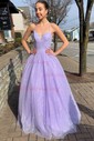 Ball Gown V-neck Floor-length Tulle Prom Dresses