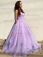 Lilac Ball Gown Scoop Neck Tulle Prom Dresses With Ruched