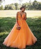 Princess V-neck Backless Tulle Prom Dresses With Appliques