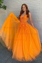 Princess V-neck Backless Tulle Prom Dresses With Appliques
