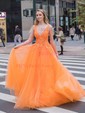 Princess V-neck Backless Tulle Prom Dresses With Appliques