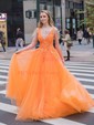 Ball Gown/Princess Floor-length V-neck Tulle Beading Prom Dresses