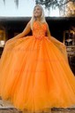 Princess V-neck Backless Tulle Prom Dresses With Appliques