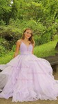 Ball Gown/Princess Sweep Train V-neck Glitter Cascading Ruffles Prom Dresses