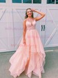 Ball Gown/Princess Sweep Train V-neck Glitter Cascading Ruffles Prom Dresses