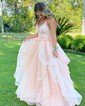 Ball Gown/Princess Sweep Train V-neck Glitter Cascading Ruffles Prom Dresses