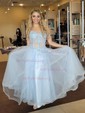 Princess Strapless Lace Tulle Ruffle Prom Dresses With Appliques