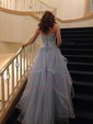 Princess Strapless Lace Tulle Ruffle Prom Dresses With Appliques