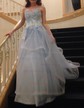 Princess Strapless Lace Tulle Ruffle Prom Dresses With Appliques
