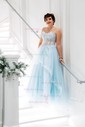 Princess Sweetheart Lace Tulle Sweep Train Appliques Lace Prom Dresses