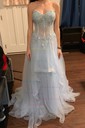 Princess Strapless Lace Tulle Ruffle Prom Dresses With Appliques